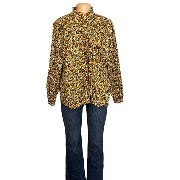 3/$30 🍂 Overlover Yellow & Brown Paisley Button Down Cotton Blouse - Picture 5 of 12